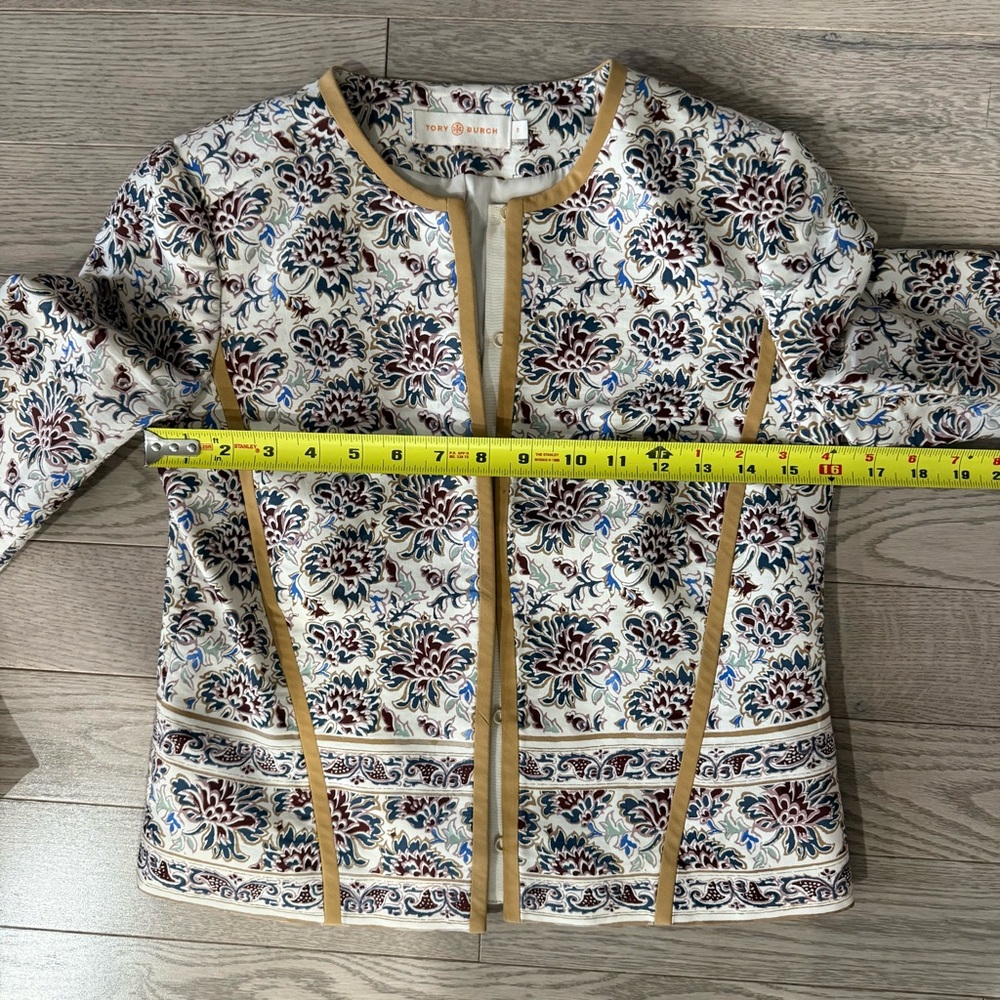 Tory Burch Floral Jacquard Crewneck Jacket with Tan Trim - Picture 7 of 11